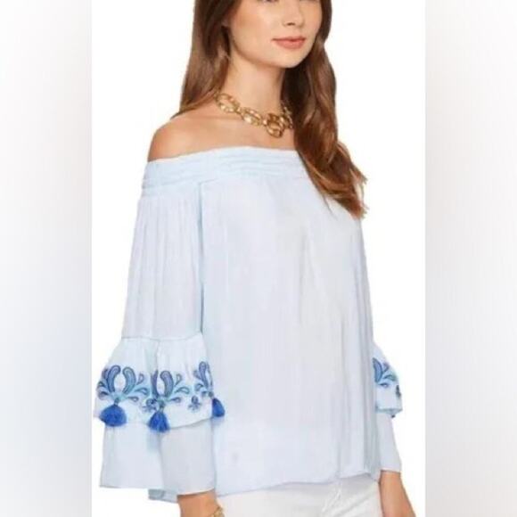 Lilly Pulitzer tobyn blue pom pom embroidered boho blouse small off shoulder‎ - Picture 1 of 10